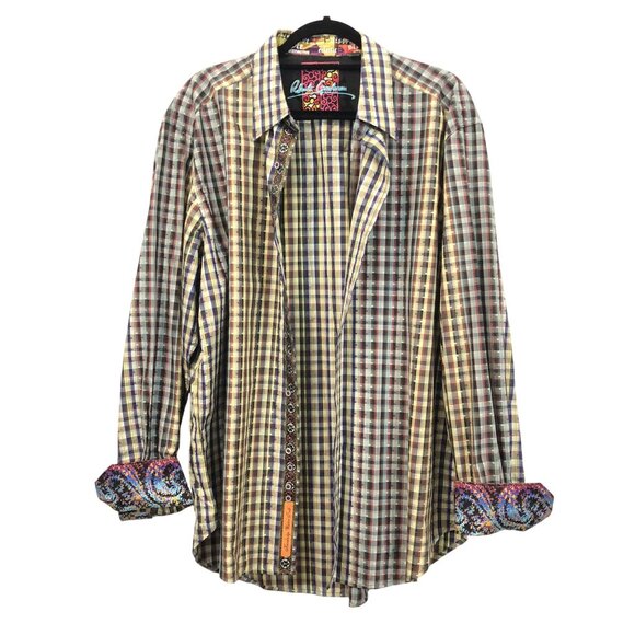 Robert Graham Plaid Woven Button-Down Shirt Contrast Paisley Cuff Collar Size XL - Picture 2 of 12